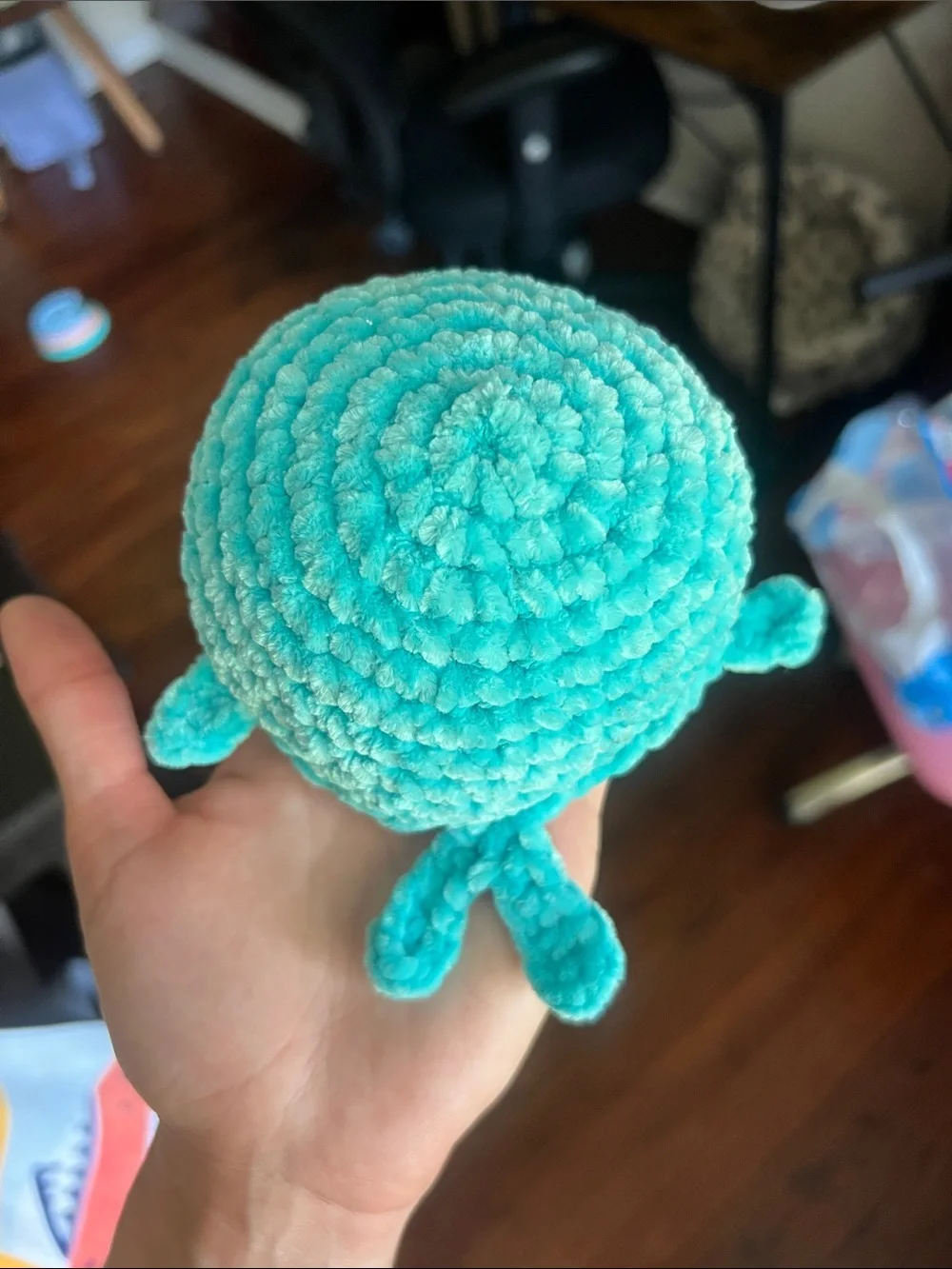 Crochet turquoise & white whale plush